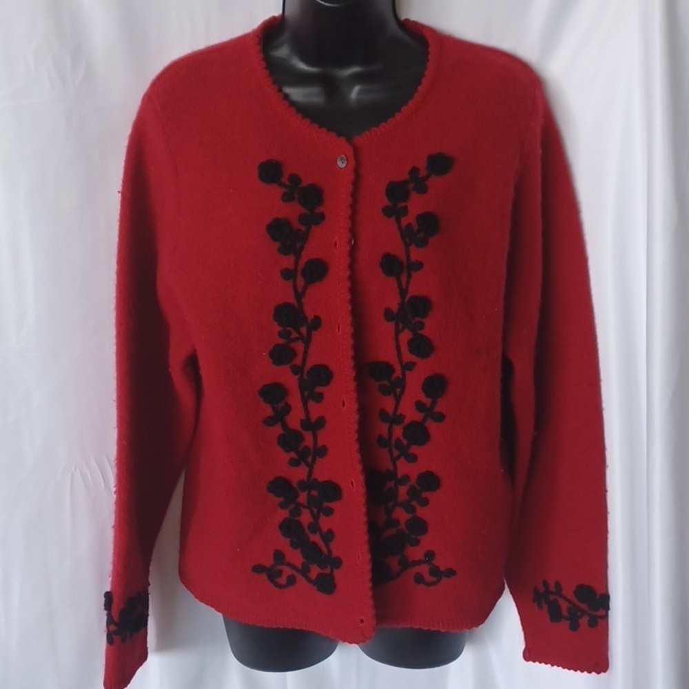 Susan Bristol Icelandic wool button cardigan, red & black embroidered, L